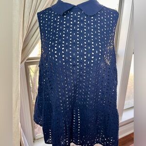 Coquette Navy Eyelet Babydoll Top Peter Pan Collar Cottagecore Size L / XL